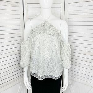 Beau Tissu Lace Cold Shoulder Puff Sleeve Halter‎ Blouse White Black Small